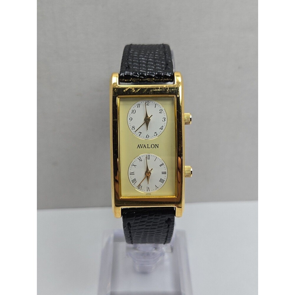Vintage Avalon by Citizen Dual Time 22mm Gold Tone Tank Dress Watch New Battery